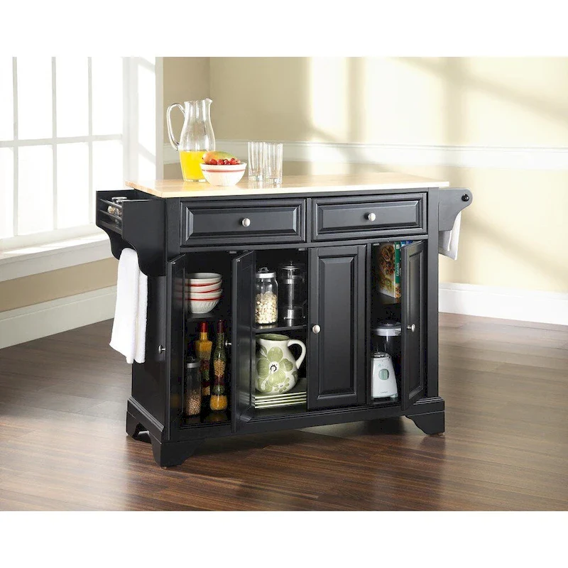 Full-Size Kitchen Island with Natural Wood Top in Black Finish - 51.5W