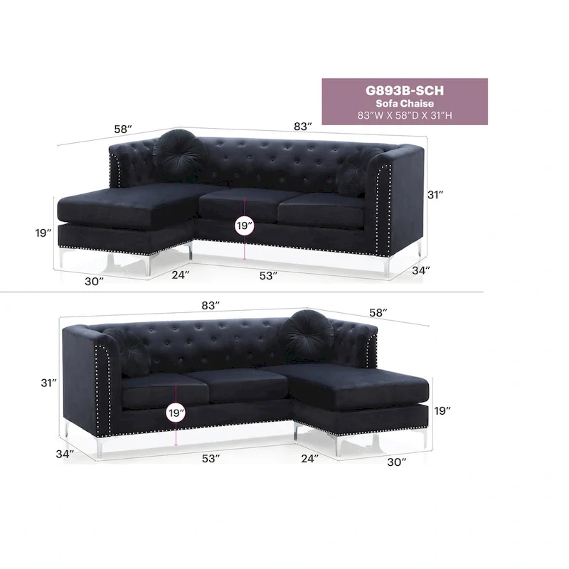 83 in. Tufted Velvet Sectional with 2-Throw Pillow - 83 L x 58 W x 31 H