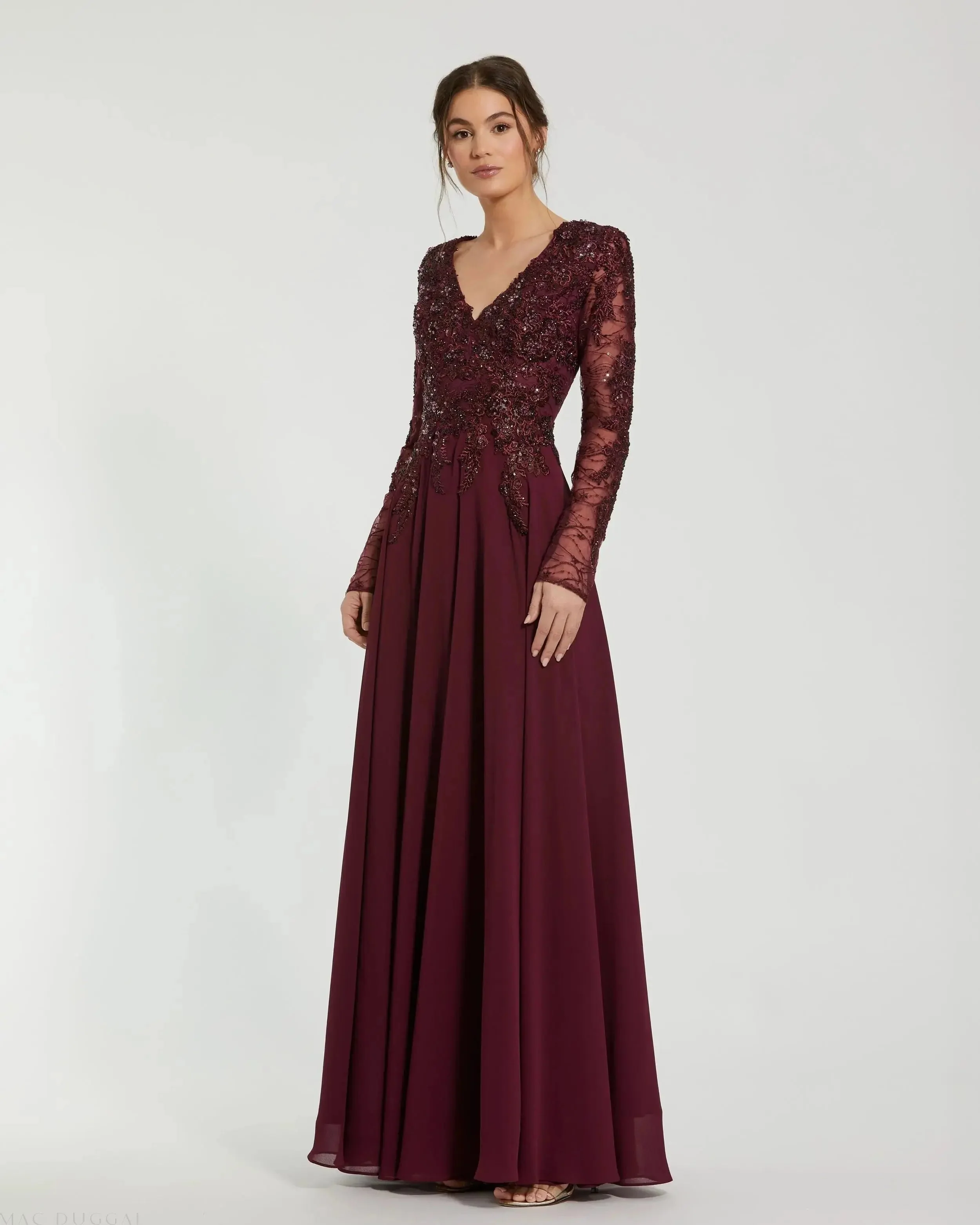 Embellished Illusion V Neck Long Sleeve Gown