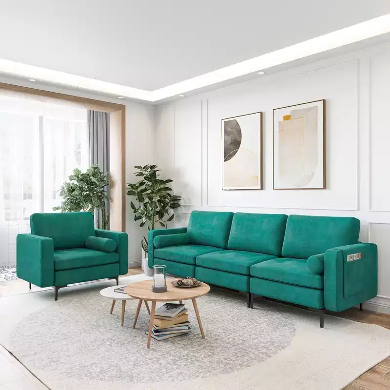 Costway Modular 3-Seat Sofa Couch w/ Socket USB Ports & Side Storage Pocket Teal