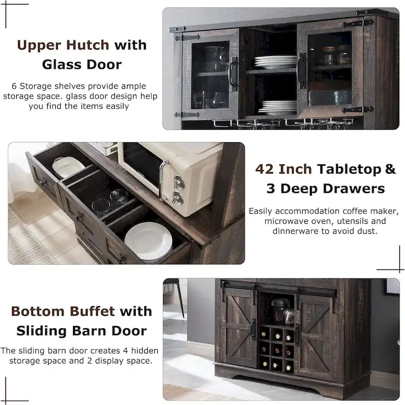 Farmhosue Bar Cabinet, Kitchen Buffet, Coffee Bar Sideboard Table