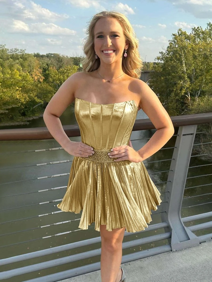Gold - Strapless A Line Metallic Pleated Homecoming Dresses With Beading