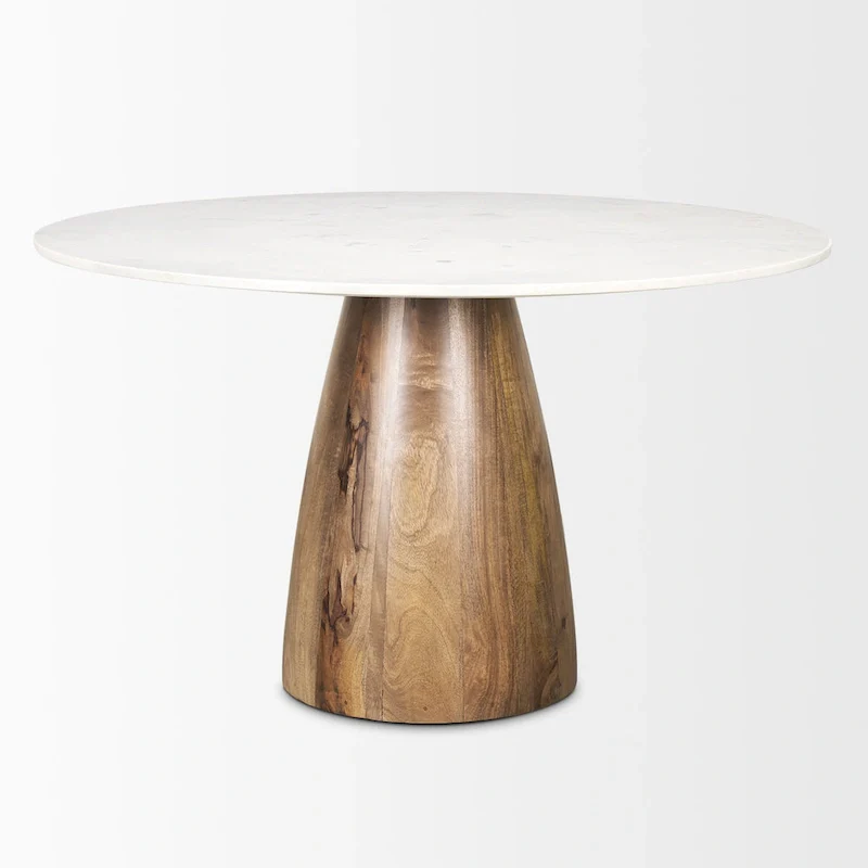 White Marble & Medium Brown Round Pedestal Dining Table, Seats 4