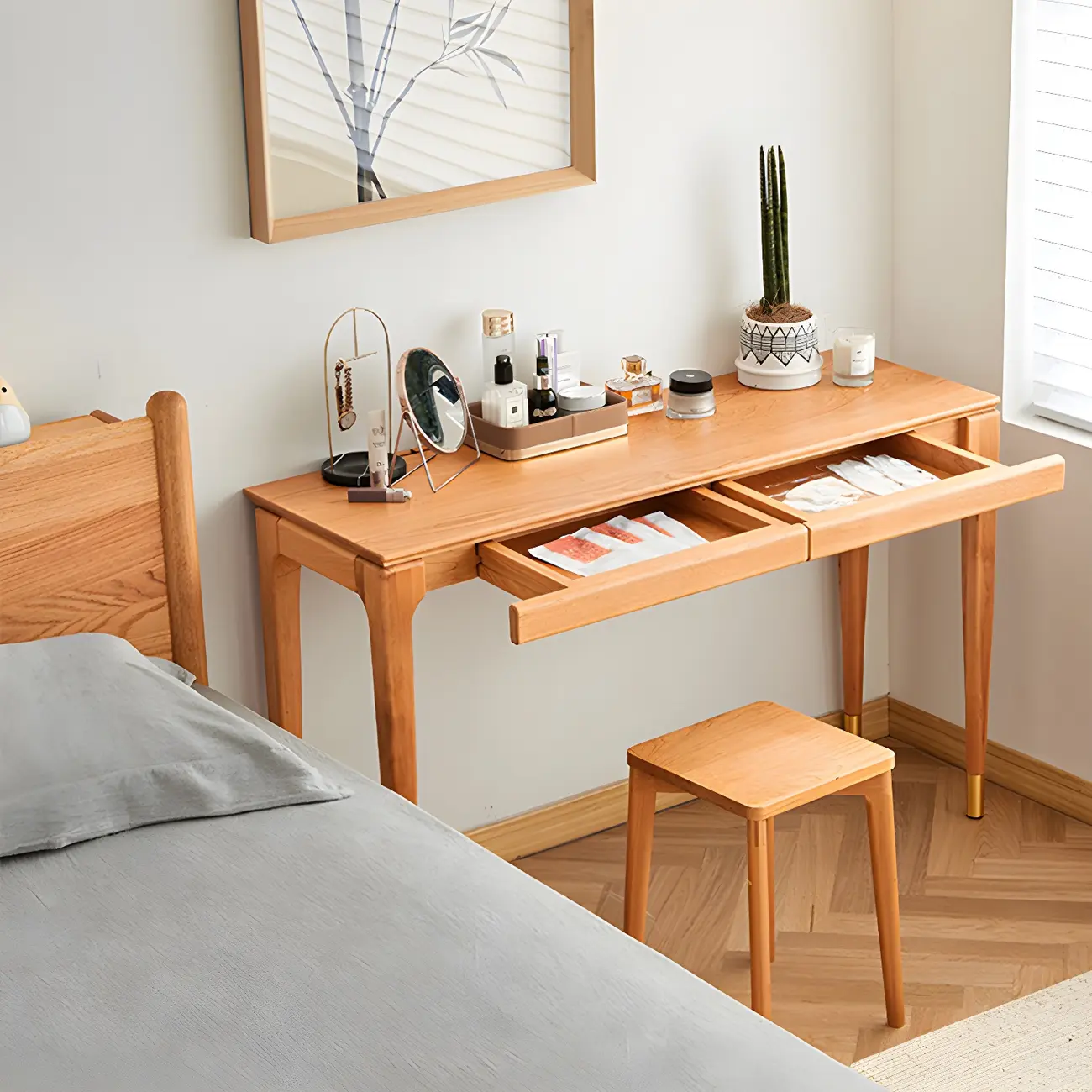 Natural Wood Entryway Console Table with Drawers