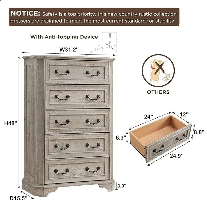 Farmhouse 5 Drawers Dresser, Wood Chest of Drawers, Dressers Organizer