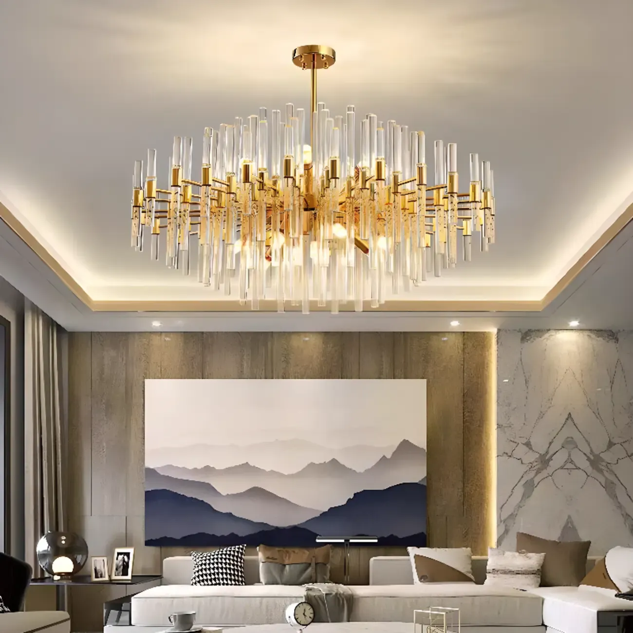 Glamorous Gold Clear Glass Column Starburst Chandelier