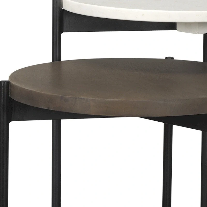 HomeRoots Set of Two Brown White and Black Marble Solid Wood and Metal Round Nested Tables - 16' X '24' X '16