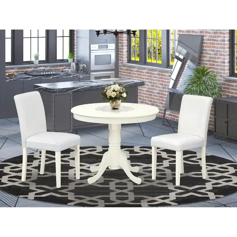 Dining Table - A Round Kitchen Table and White Faux Leather Parson Chairs, Linen White (Pieces Options)