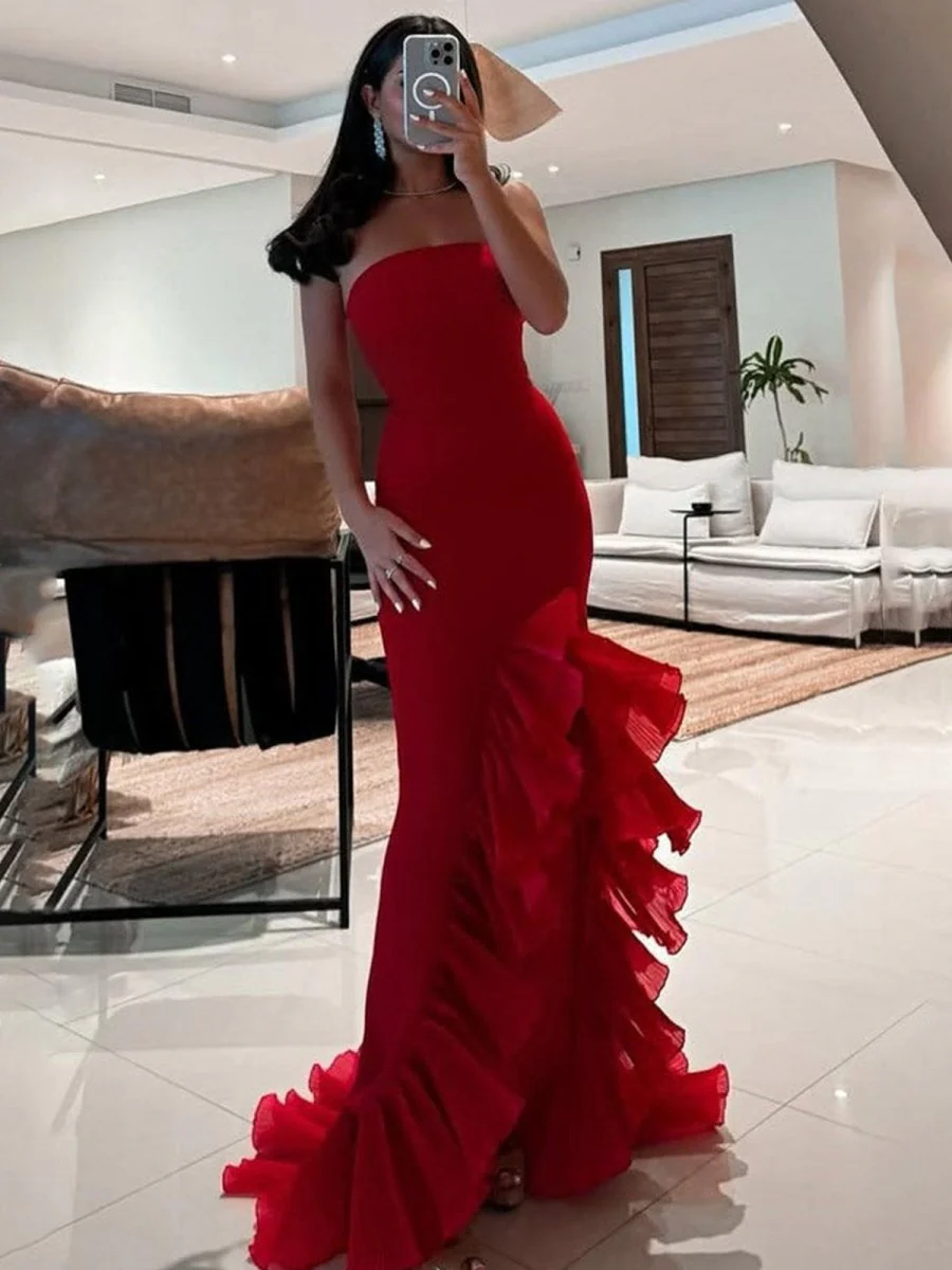 Red Strapless Ruffles Scoop Neck Mermaid Sleeveless Long Prom Dress