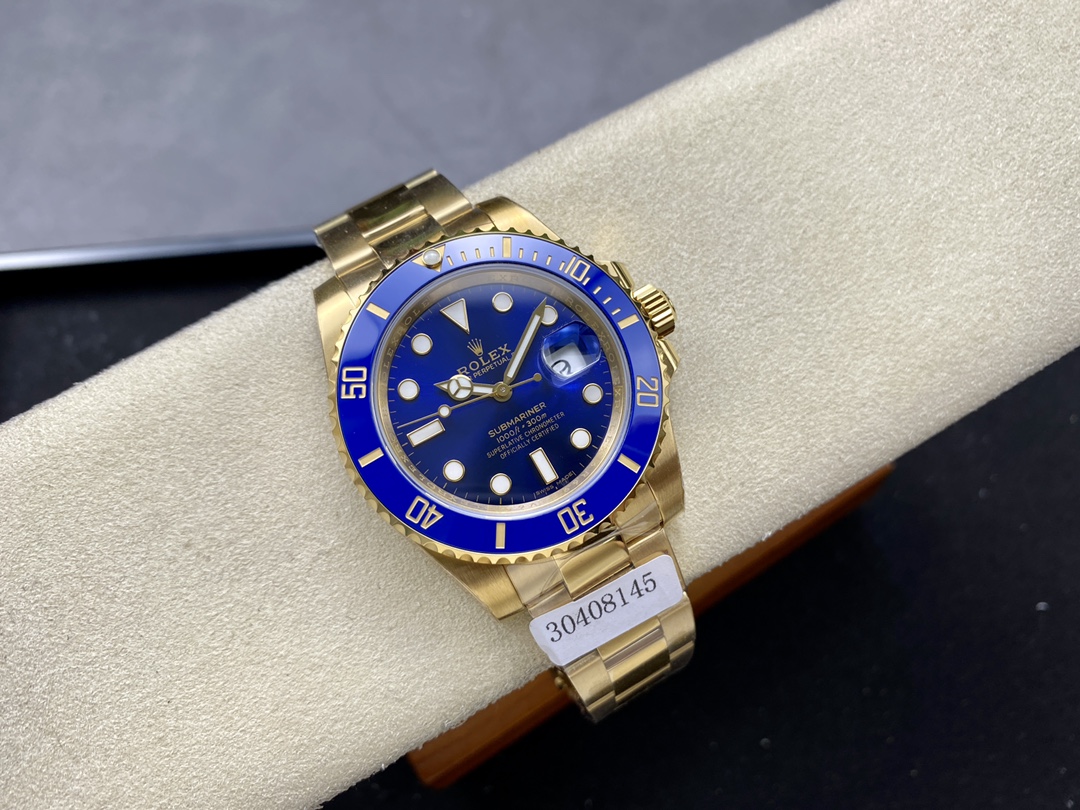 Gold and blue Rolex Submariner replica with high quality 3135 clone movement and ceramic bezel
