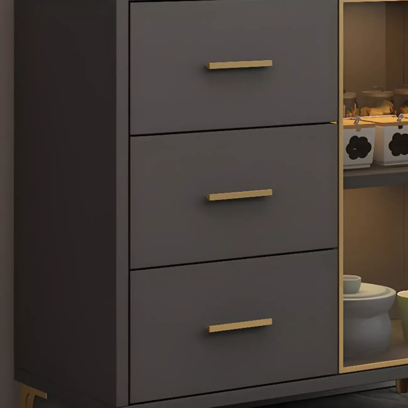 Trendy 6 Drawers White/Black Kitchen Cabinets with Metal Foot