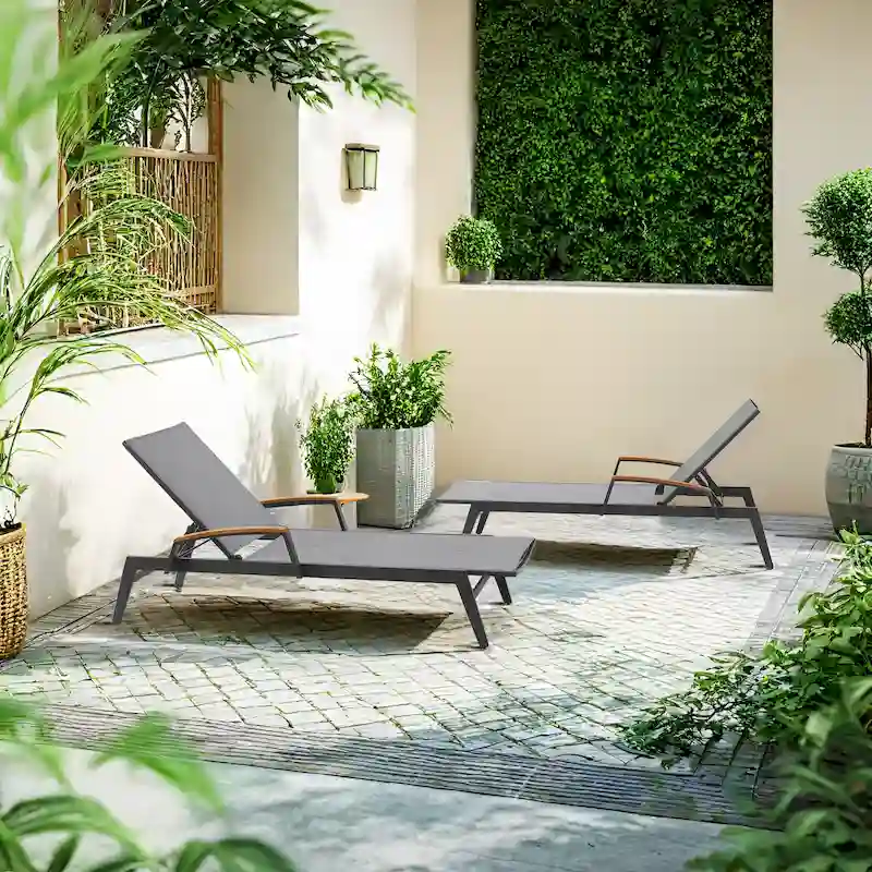 Outdoor Lounge Chairs with Adjustable Backrests and Teak Armrests