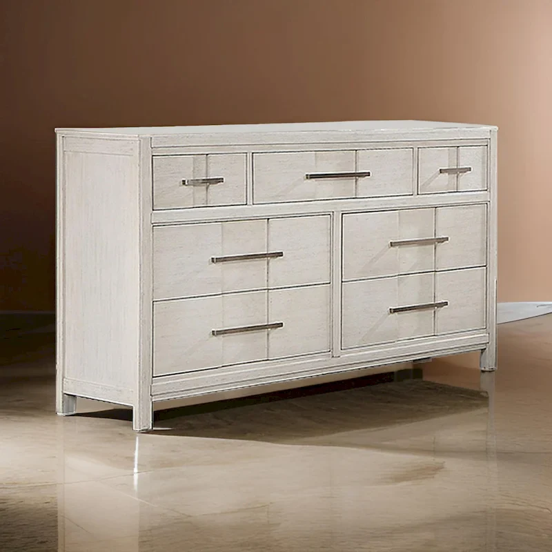58 Inch Dresser Chest, 7 Drawers, Nickel Bar Handles, Felt-Lined Top Drawer, White, 1 Unit