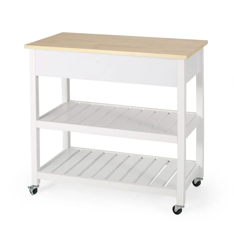 Modern White Wood Kitchen Cart with Wheels Drawers and Shelves by