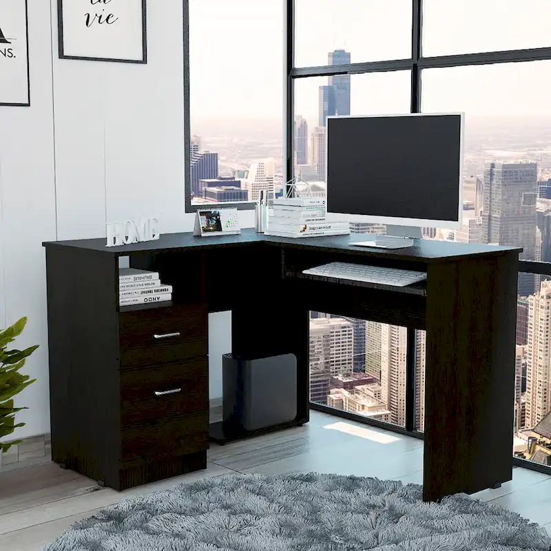 L-Shaped Desk with Drawers and Keyboard Tray