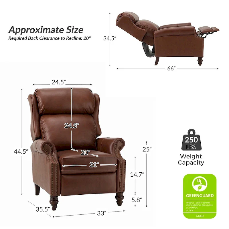 Noemon Modern Genuine Leather Recliner with Nailhead Trims Set of 2 by HULALA HOME