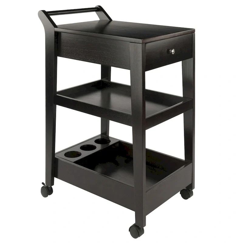Espresso Bar Cart with Wine Grid, Drawers & Locking Wheels - 18x27x37