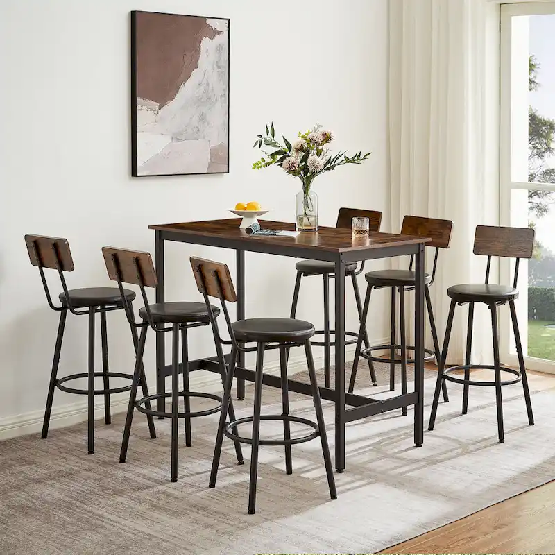 Rustic Style 7-Piece Dining Set with Rectangular Table and PU Leather Bar Chairs