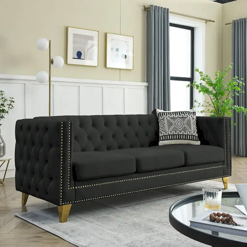 Velvet Upholstered 3 Seat Sofa,  Tufted Square Arm Sofa with Nailheads and Metal Legs