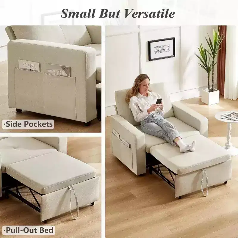 Dyonery 42.5 Extra-Wide 3-in-1 Convertible Sleeper Chair Bed  Pull-Out Sofa with 5-Level Reclining Backrest & Side Pockets for Small Spaces