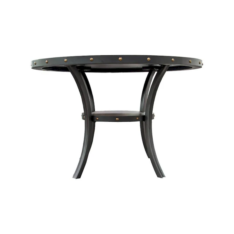 48 Inch Dining Table, Round Nailhead Trim Top with Shelf, Black Wood