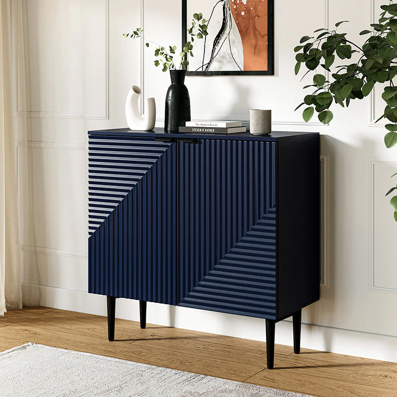 35 in Tall Linear Groove 2-Door Accent Cabinet with 4 Removable Shelves & Black Metal Legs | Navy / Gray / Black / White | Single