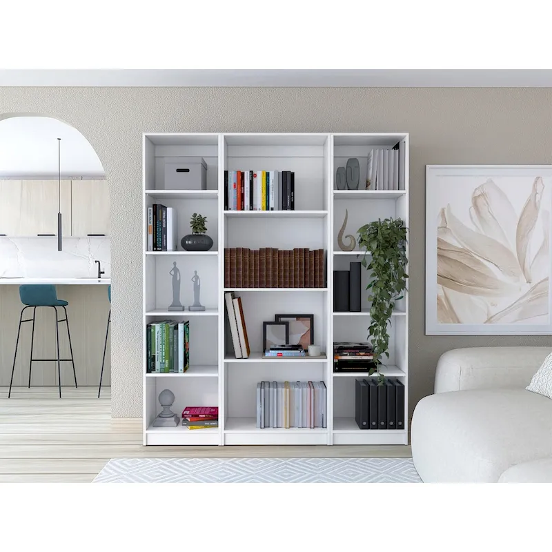 White / Multi / Black 4-Shelf Bookcase Set of 3, Modular, 3-Person Assembly
