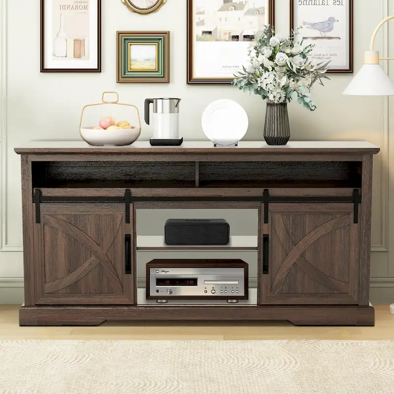68  Walnut Sliding Barn Door TV Stand Console with Storage Open Compartment