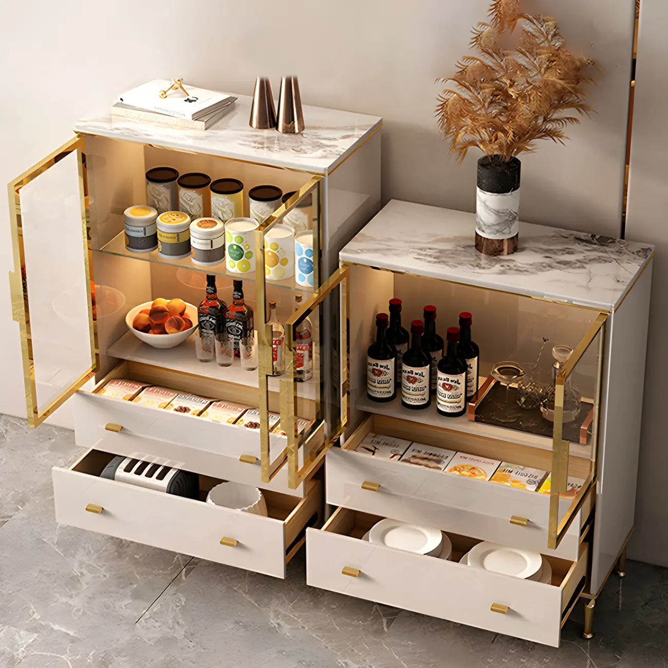 White Wood Gold Legs Adjustable Shelves Display Cabinet