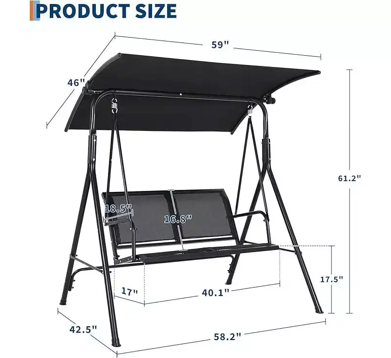 2-Seat Outdoor Porch Swing Chair with Adjustable Canopy, Glider Bench with Non-Slip Feet & Strong Spring Hooks/UV Resistant/Waterproof Capacity