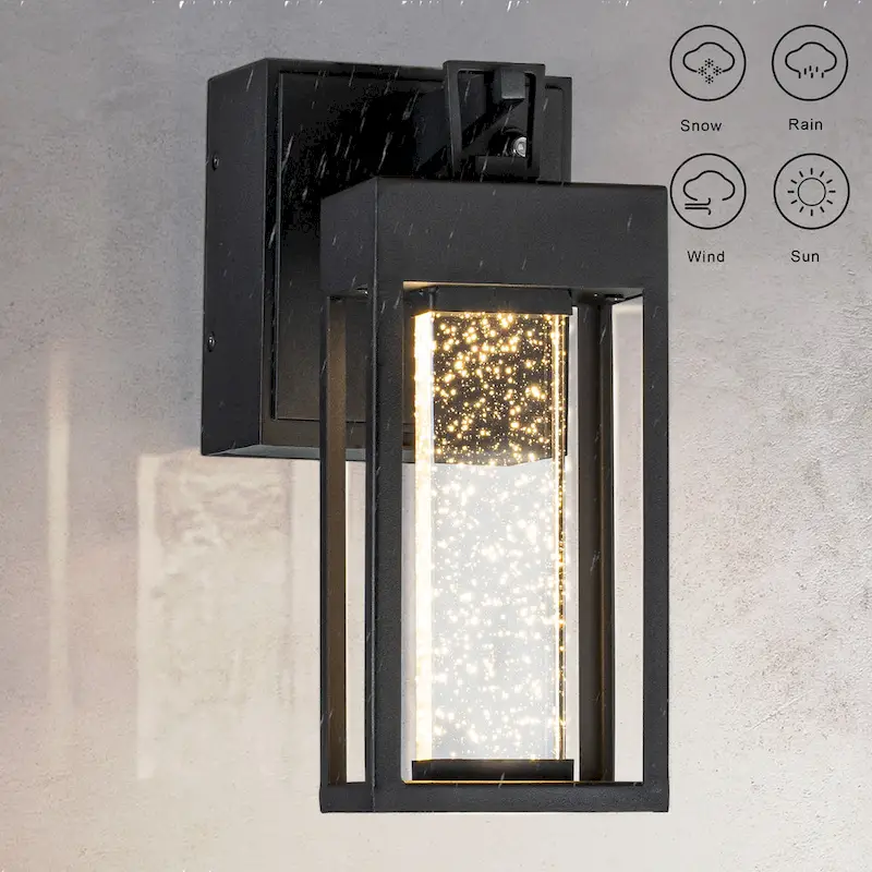 CraftHome Modern LED Outdoor Black Dusk to Dawn Sensor Wall Lantern Sconce with Seeded Glass and built-in GFCI Outlets