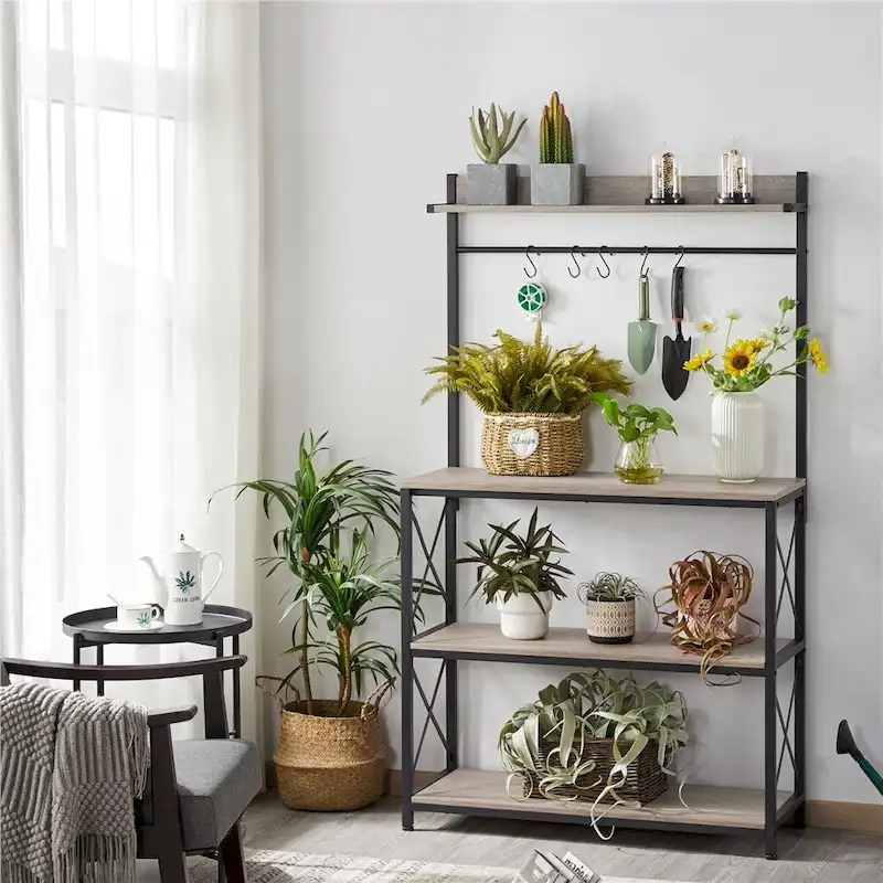 Rustic Brown / Grey Industrial 4-Tier Kitchen Baker's Rack with Hooks