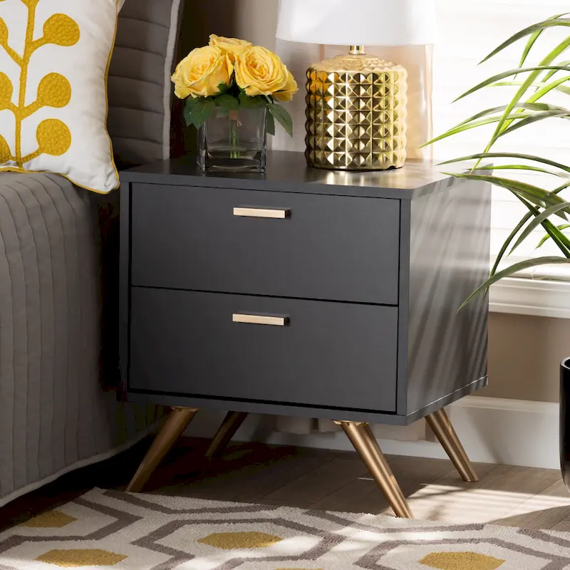 Kelson Modern Dark Grey and Gold Finished Wood 2-Drawer Nightstand