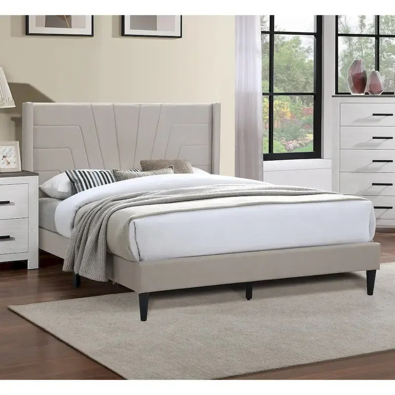 Light Brown Color 1pc Queen Size Bed Burlap Fabric Headboard Upholstered Bedroom Furniture Platform Bedframe