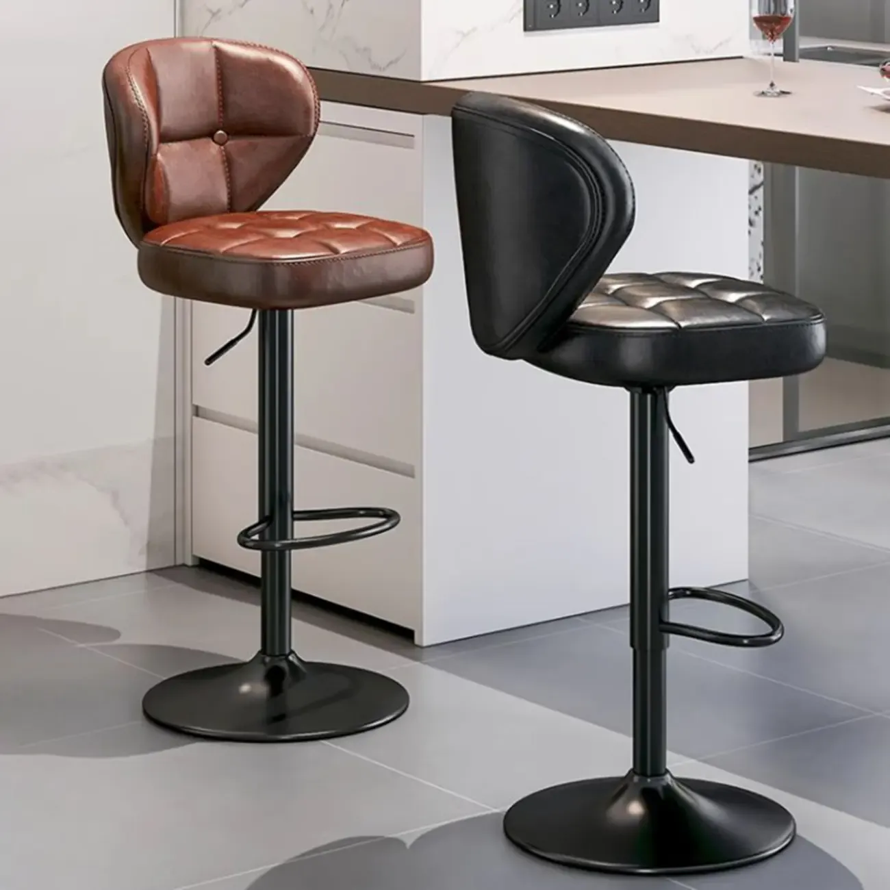 Modern Square Tufted Faux Leather Adjustable Swivel Bar Stools