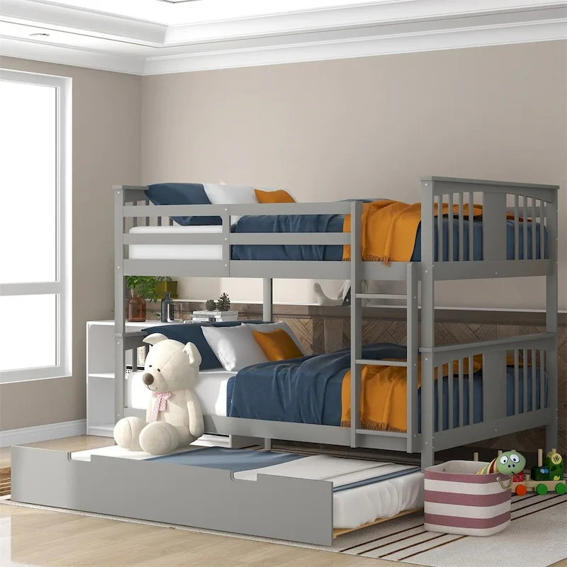 White/Espresso/Grey Full-over-Full Bunk Bed with Twin Trundle, Sleeps 3