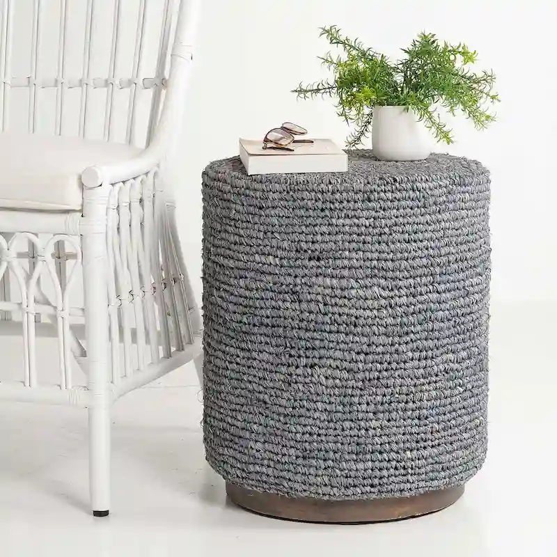 Handwoven Natural Raffia Ottoman Accent Table by