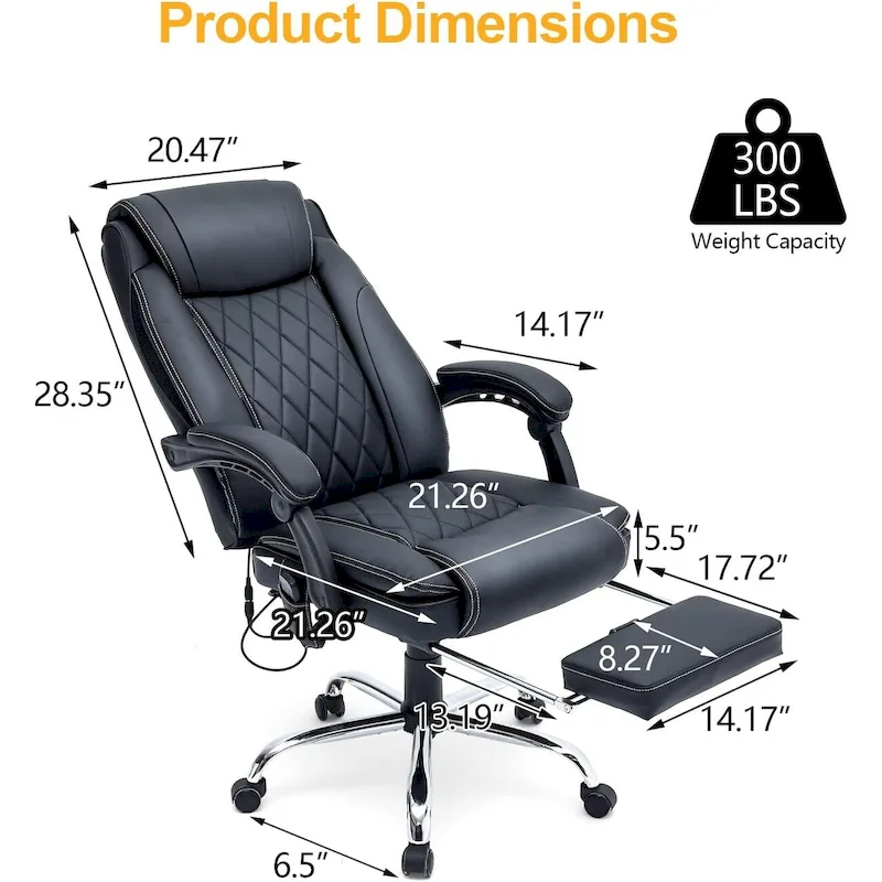 Ergonomic Heated Executive Office Chair with 2/4/6-Point Massage, Retractable Footrest, and PU Leather