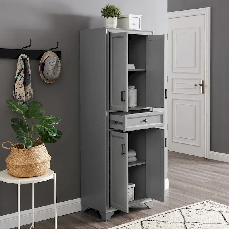 Gray Distressed Pantry Cabinet with Drawer & Double Doors, 1-Person Assembly