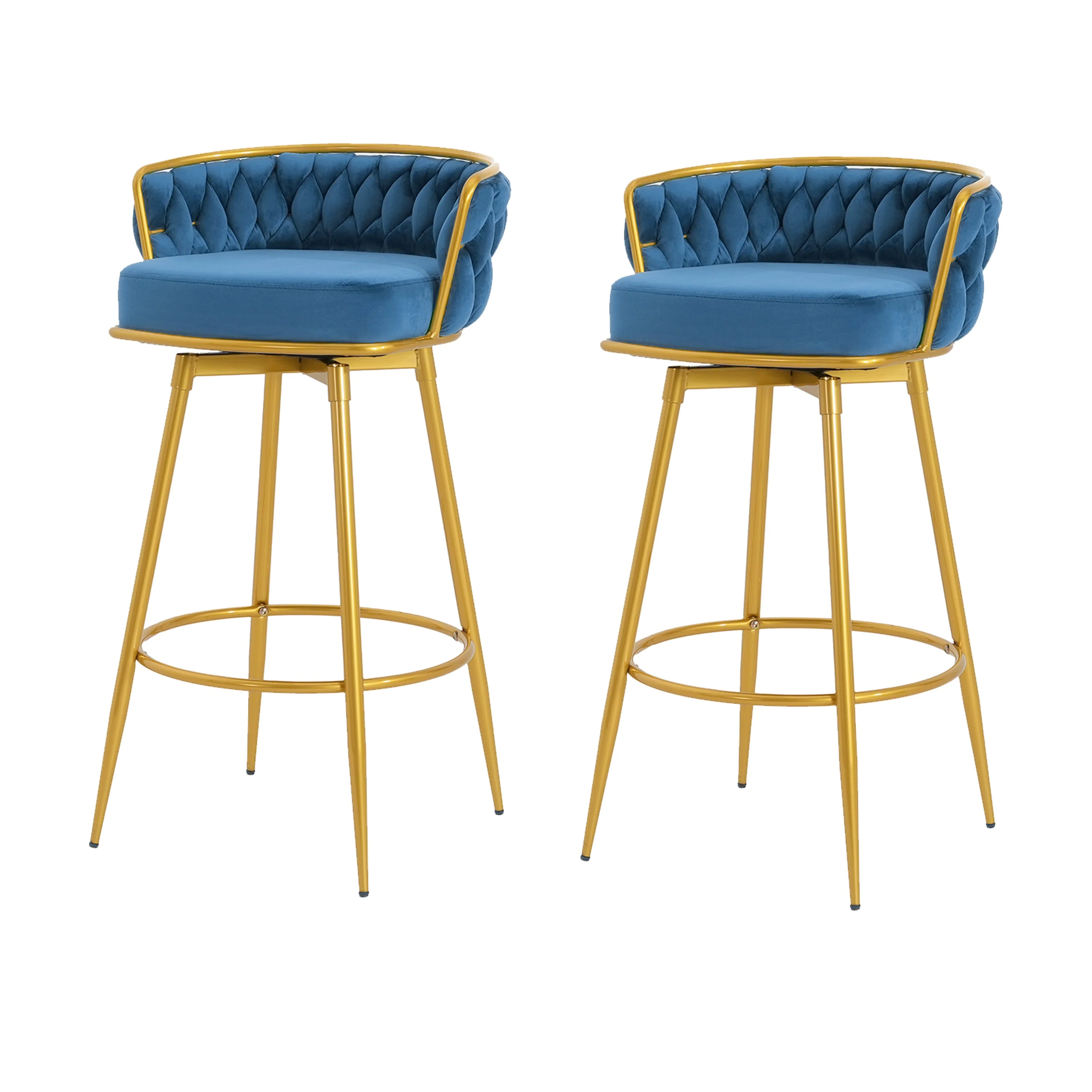 Set of 2 Velvet Swivel Bar Stools 180¡ã Gold Frame w/ Woven Back & Footrest