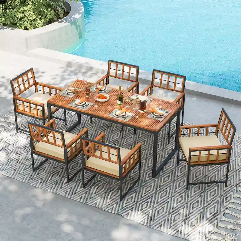 Costway 7 PCS Patio Dining Set Outdoor Acacia Wood Table with Soft - See Details