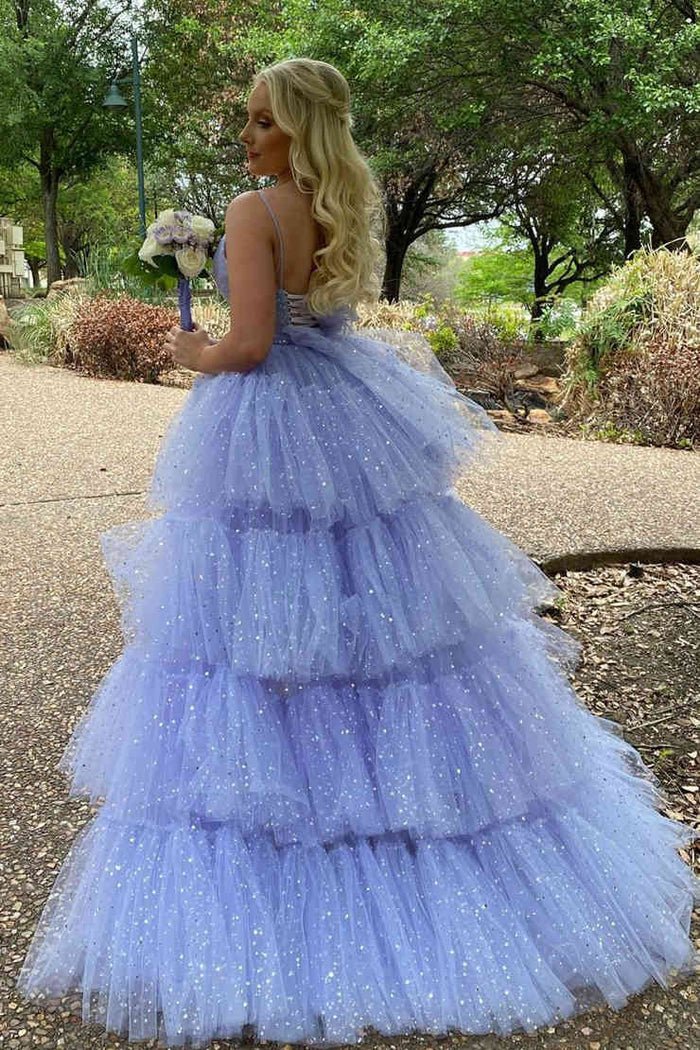 A Line Spaghetti Straps Tiered Tulle High Low Prom Dress