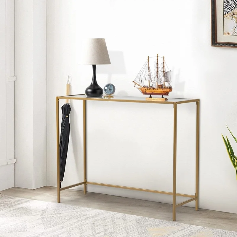 Modern Gold Frame 39.4  Entryway Console Table Glass Top