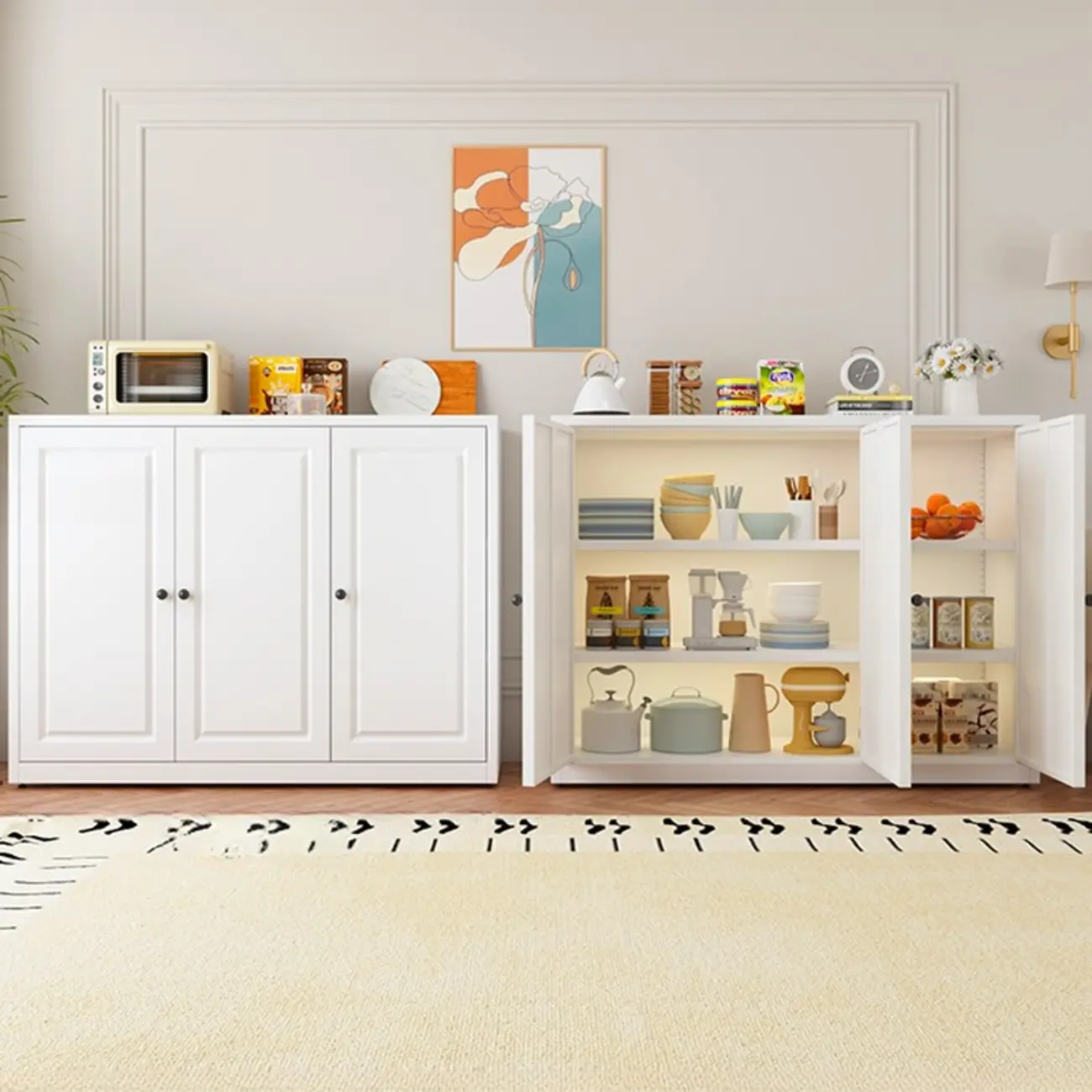 Narrow Metal White Buffet Cabinet with Drawer