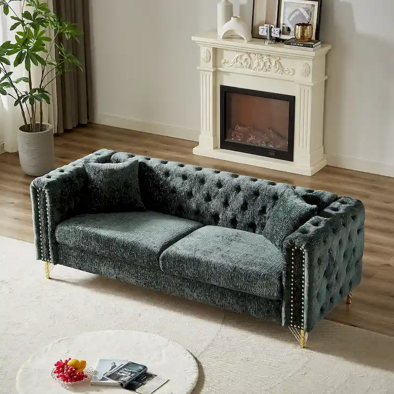 Chenille Tufted 3-Seater Sofa with Nailhead Trim and Metal Legs