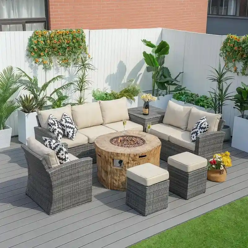 7-piece Patio Wicker Garden Chat Sofa Set with Fire Pit Table and Storage Box