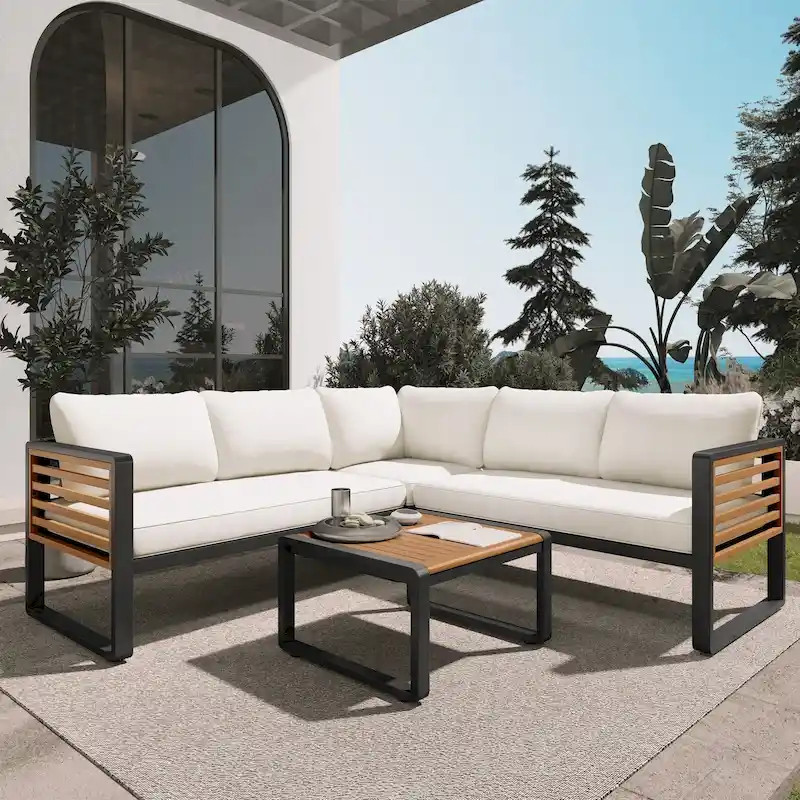 4 Pieces Outdoor Patio Conservation Set, Metal and Wood Frame Sectional L-shaped Sofa with Soft Cushion and a Coffee Tables
