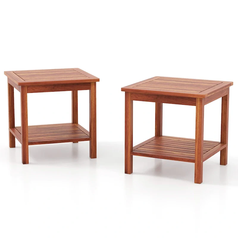 Natural Wood 2-Tier Square Patio Side Table, Set of 2