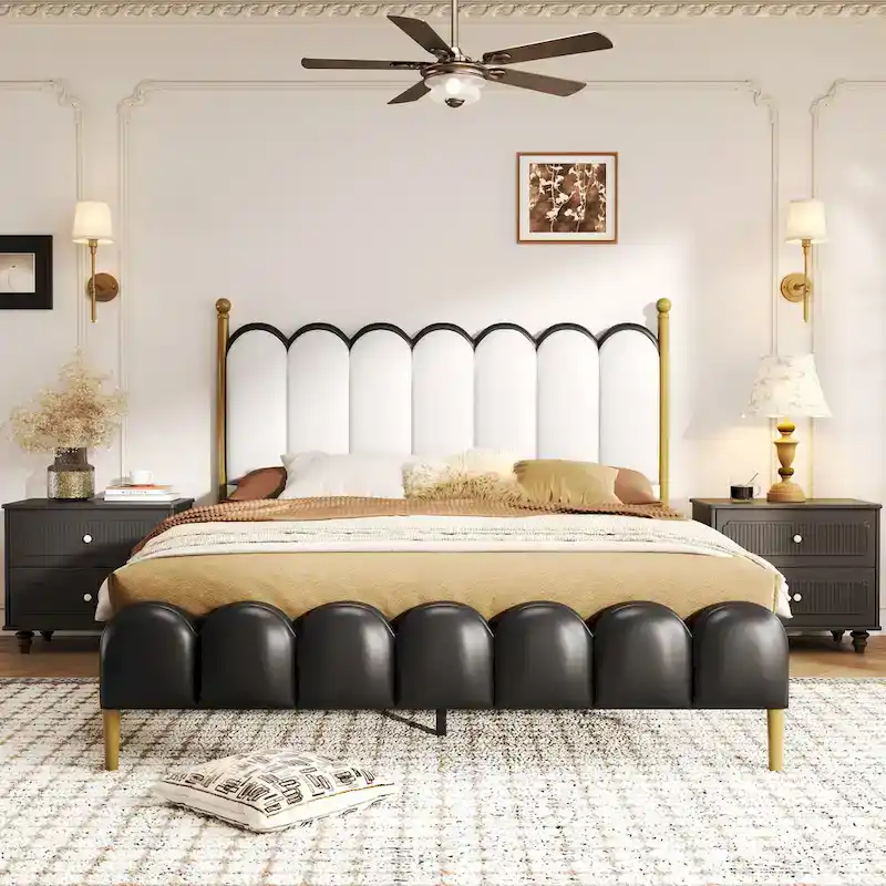 Leather Upholstered Bed with Headboard & Footboard, Solid Wood Slats & Legs