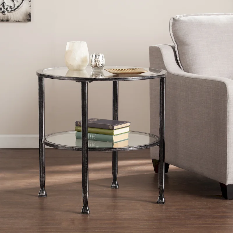 Round Metal Side Table with Glass Top – Distressed Black, Shadowbox Shelf, Seats 1